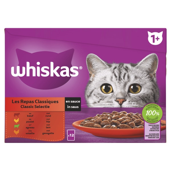 Whiskas 1+ Natvoer - Classic Selectie in Saus - Maaltijdzakjes 12 x 85 g