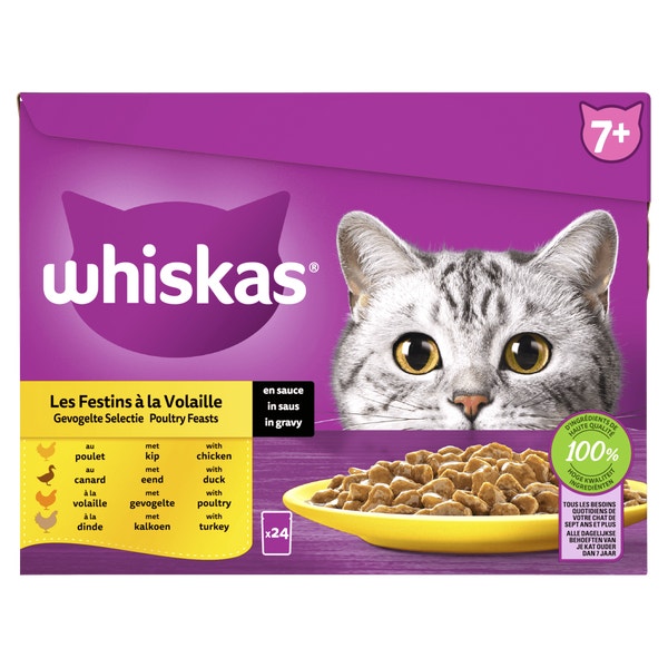 Whiskas 7+ Natvoer - Gevogelte Selectie in Saus - Maaltijdzakjes 24 x 85 g