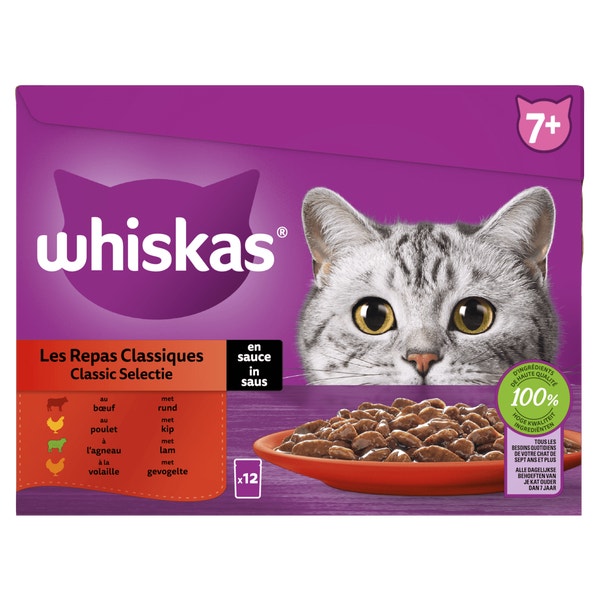 Whiskas 7+ Natvoer - Classic Selectie in Saus - Maaltijdzakjes 12 x 85 g