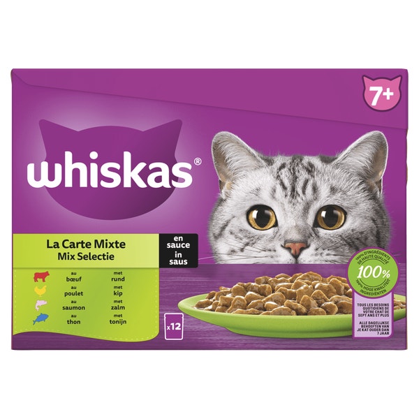 Whiskas 7+ Natvoer - Mix Selectie in Saus - Maaltijdzakjes 12 x 85 g