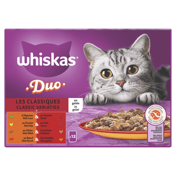 Whiskas 1+ Natvoer - Duo - Classic Variaties in Gelei - Maaltijdzakjes 12 x 85 g