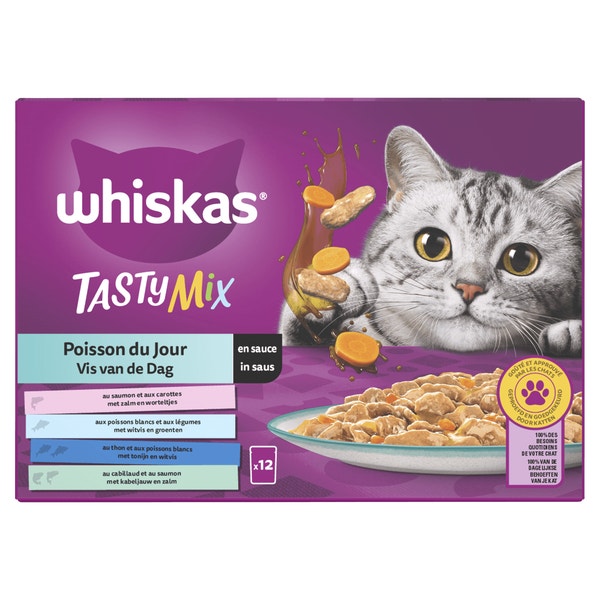 Whiskas 1+ Natvoer - Tasty Mix - Vis van de Dag in Saus - Maaltijdzakjes 12 x 85 g