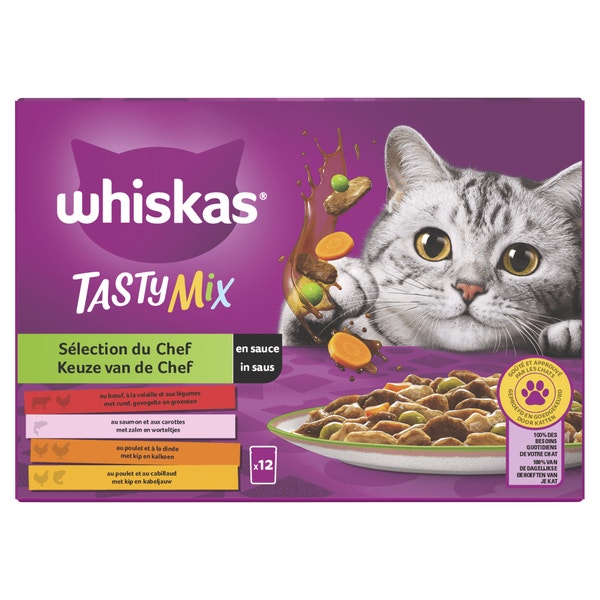Whiskas 1+ Natvoer - Tasty Mix - Keuze van de Chef in Saus - Maaltijdzakjes 12 x 85 g