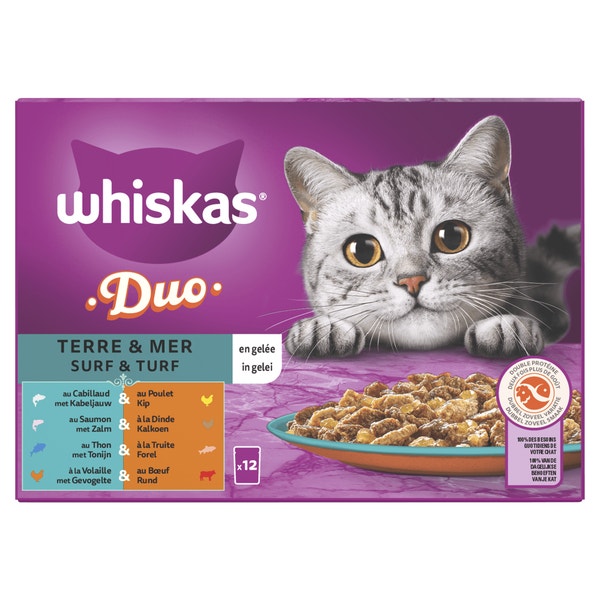 Whiskas 1+ Natvoer - Duo - Surf & Turf in Gelei - Maaltijdzakjes 12 x 85 g