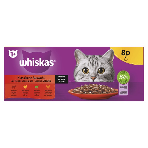 Whiskas 1+ Natvoer - Classic Selectie in Saus - Maaltijdzakjes 80 x 85 g