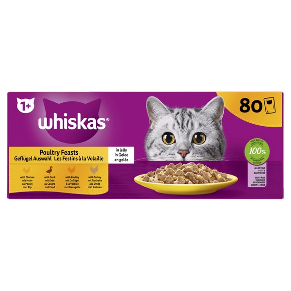 Whiskas 1+ Natvoer - Gevogelte Selectie in Gelei - Maaltijdzakjes 80 x 85 g