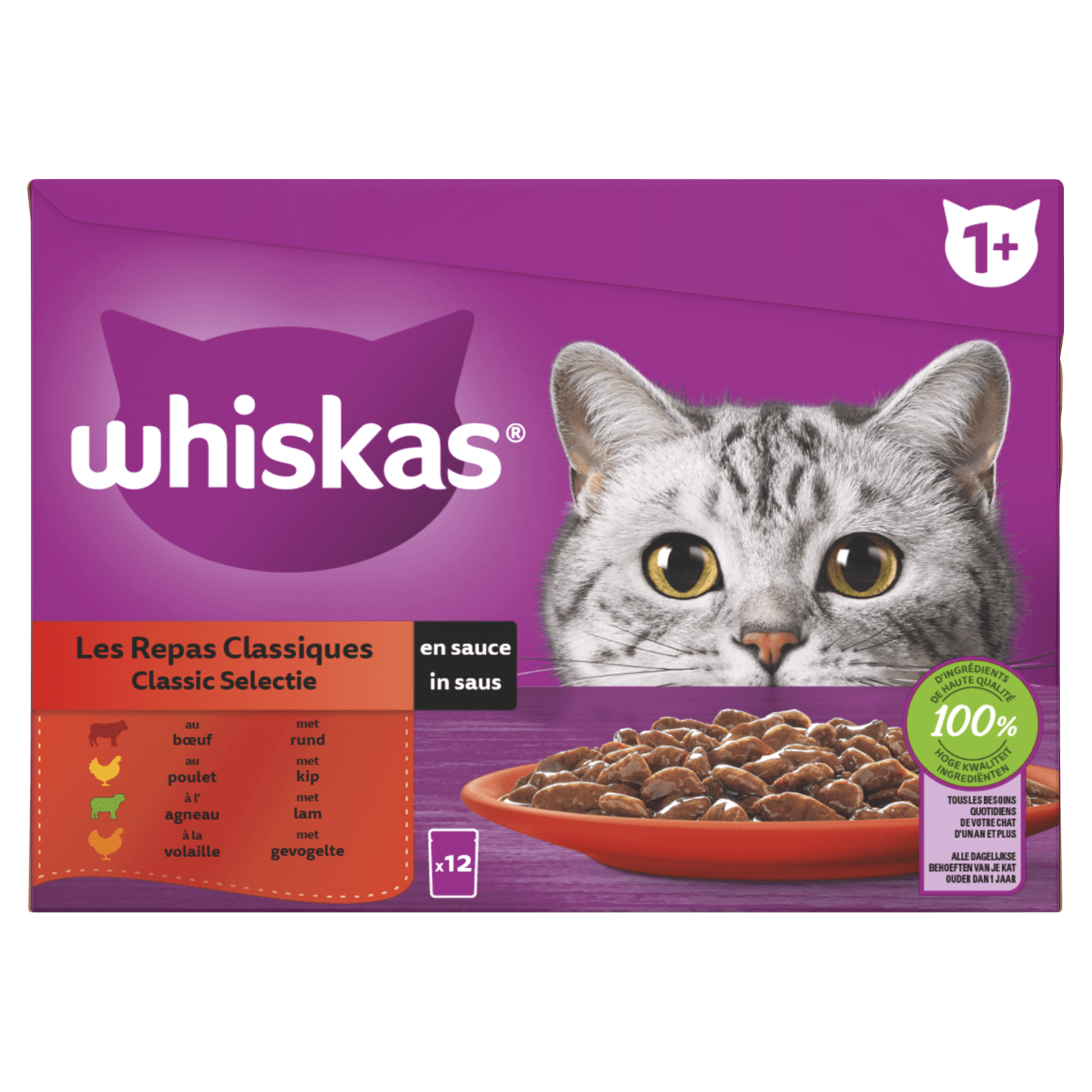Whiskas 1+ Natvoer Classic Selectie in Saus Maaltijdzakjes 12 x 85 g Whiskas®