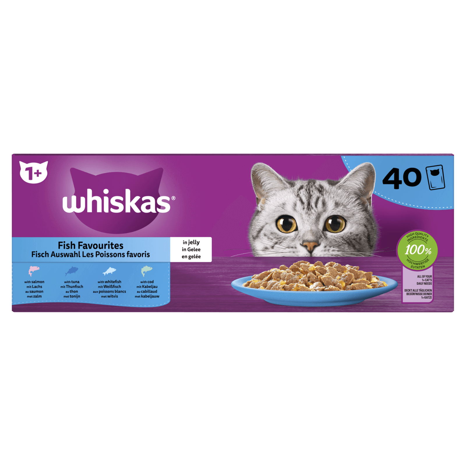 Whiskas 1+ Natvoer Vis Selectie in Gelei Maaltijdzakjes 40 x 85 g