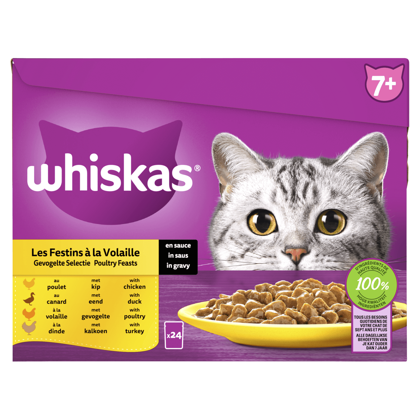 Whiskas 7+ Natvoer Gevogelte Selectie in Saus Maaltijdzakjes 24 x
