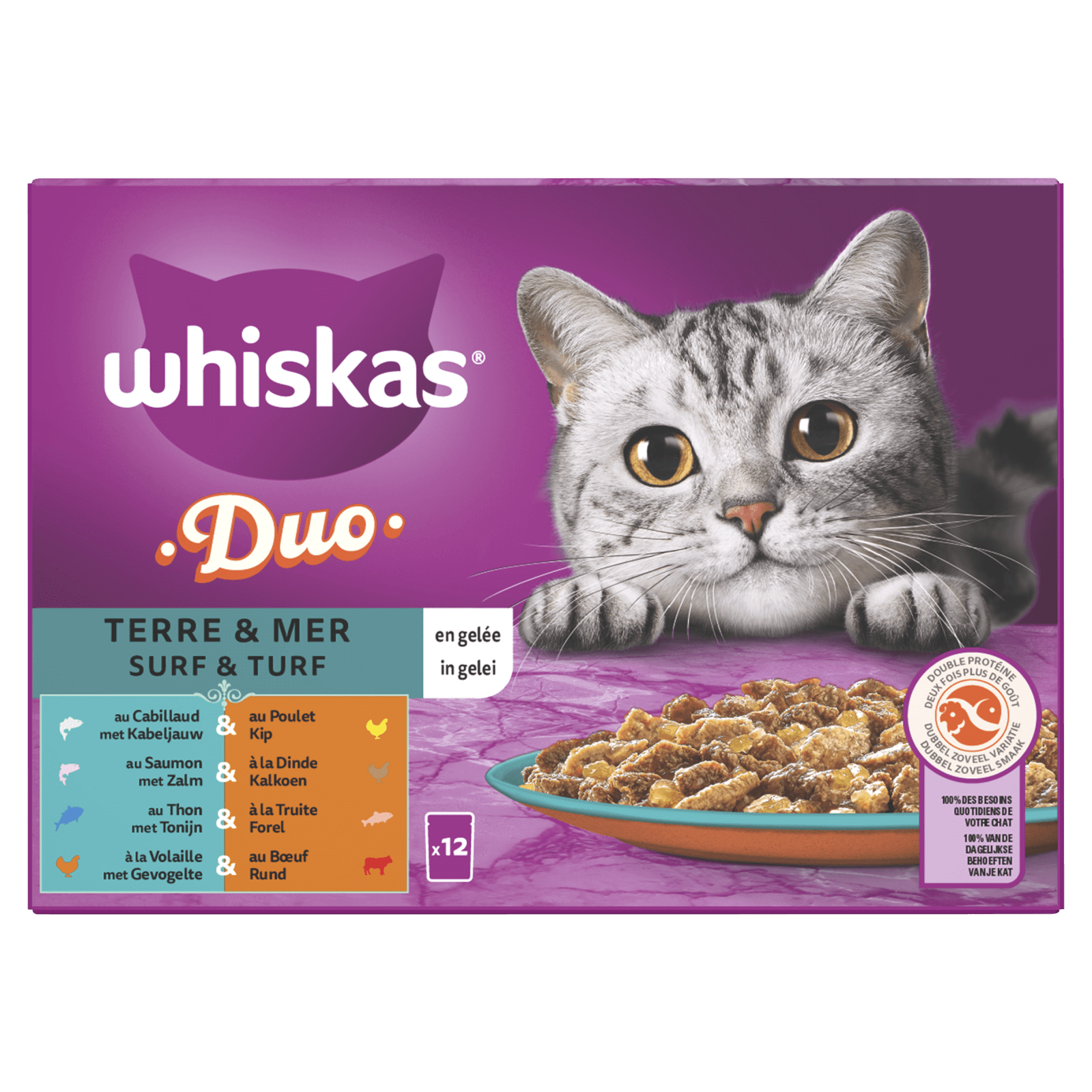 Whiskas 1+ Natvoer Duo Surf & Turf in Gelei Maaltijdzakjes 12 x
